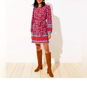 LOFT Women Red Floral Dress Blue White Accents Cottagecore Indie Belted Flowy XL